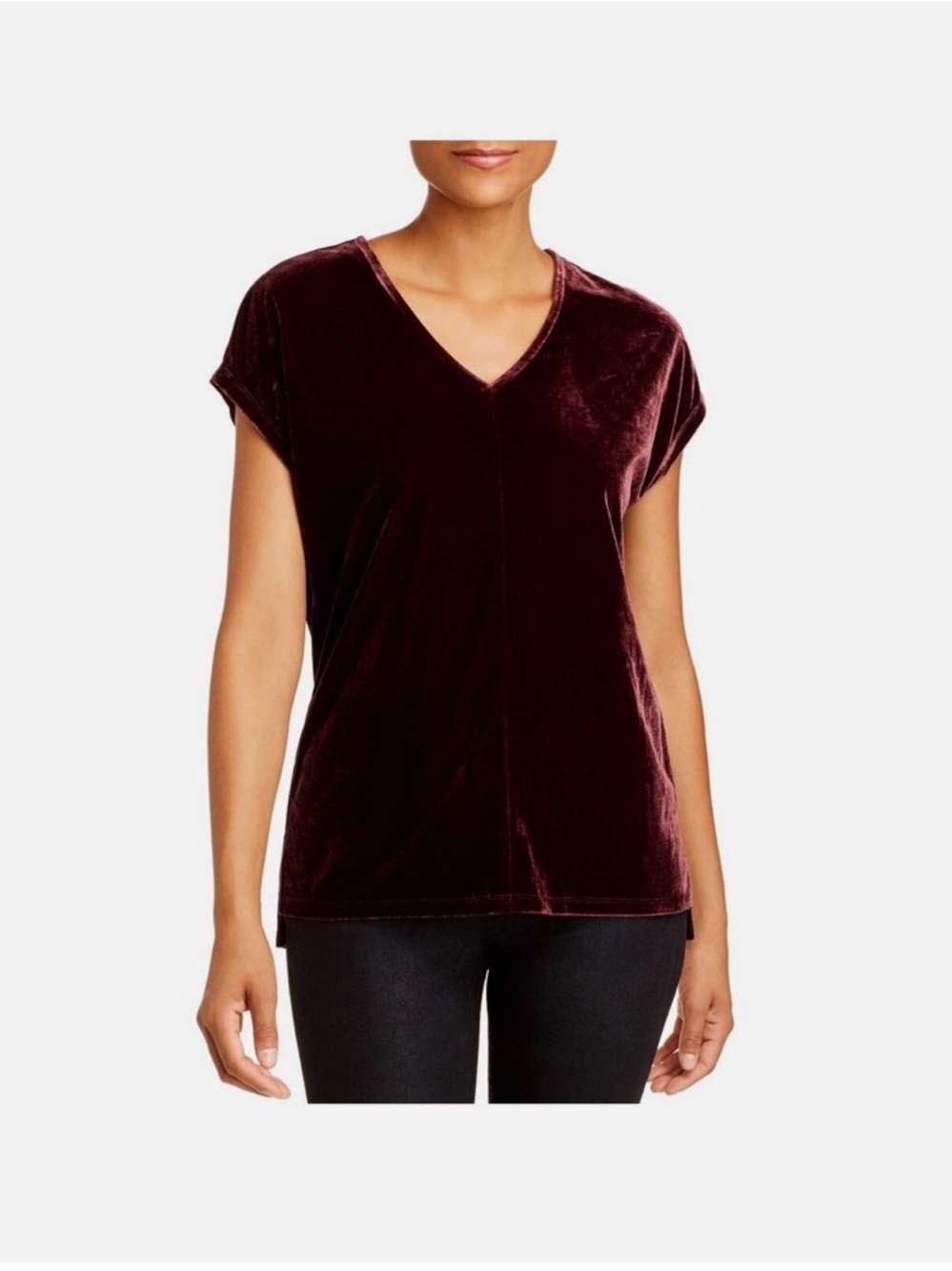 Donna Karan Velvet V-Neck Short Sleeve Top - Deep Burgundy